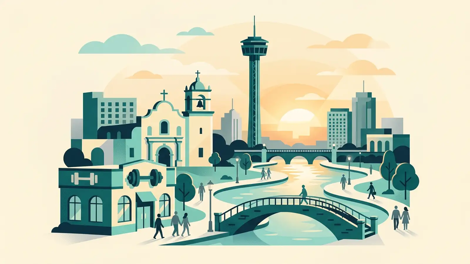 Illustration of a stylized San Antonio skyline with the river walk and a small gym