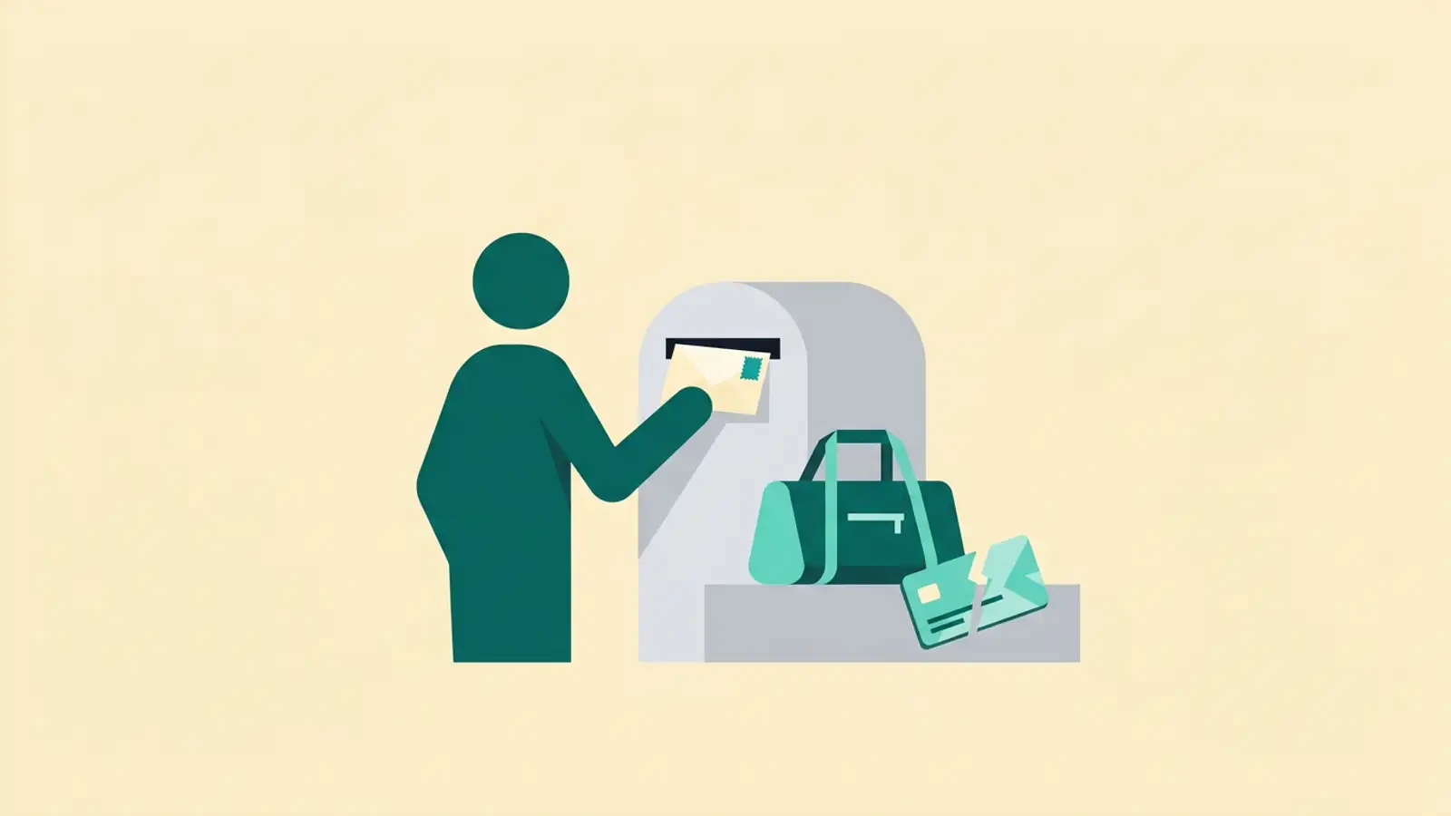 Illustration of an envelope, a gym bag and a membership card cut in half