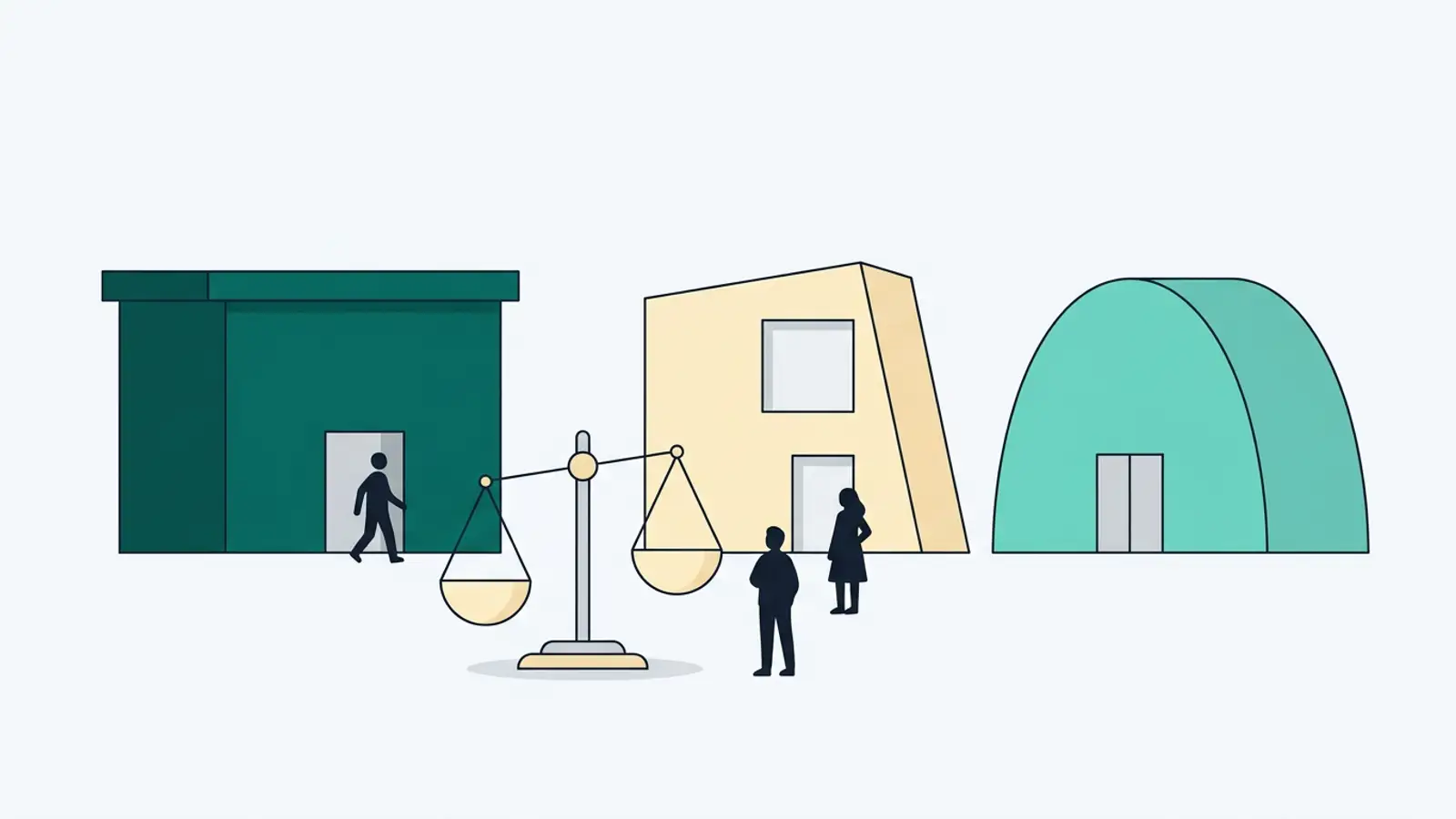 Illustration of three gym buildings side by side with a balance scale