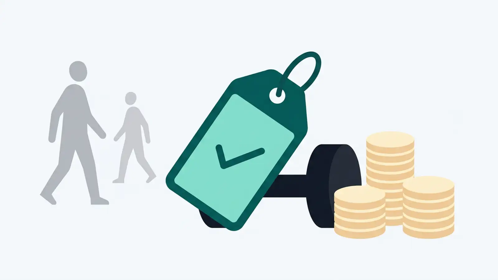 Illustration of a price tag with a check mark on a dumbbell
