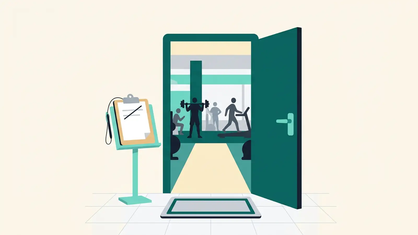 Illustration of an open gym door with a welcome mat