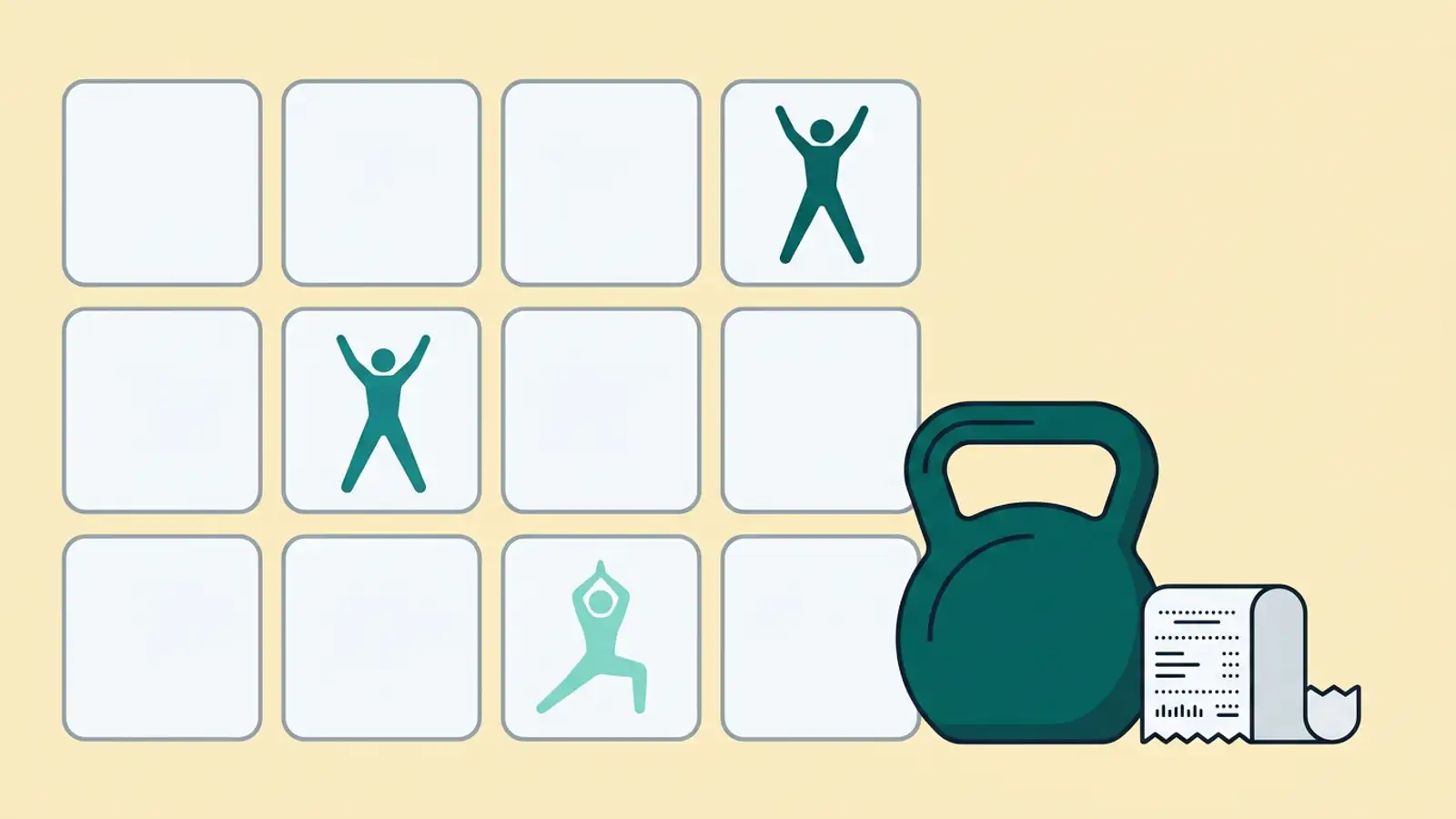 Illustration of a twelve-month calendar and a receipt beside a kettlebell