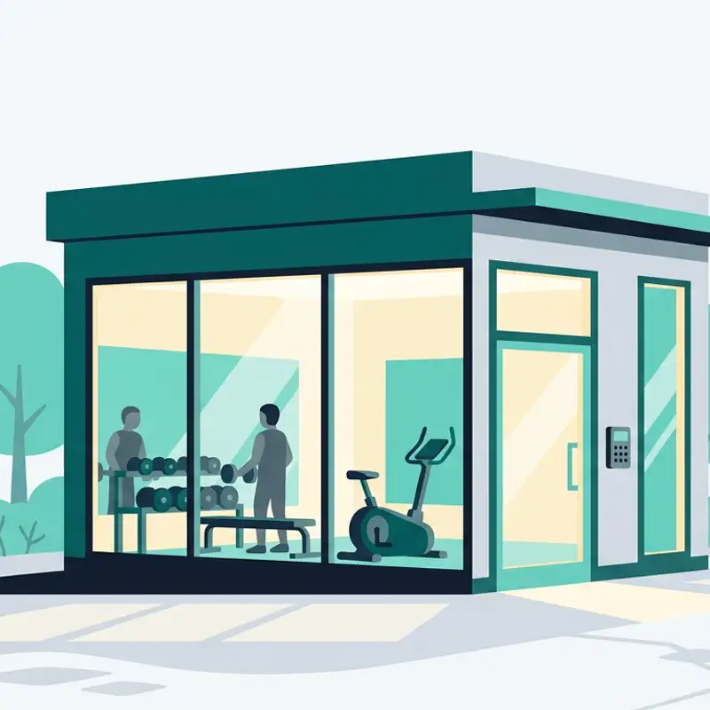 Illustration of a small 24-hour gym lit at night with a key-card door