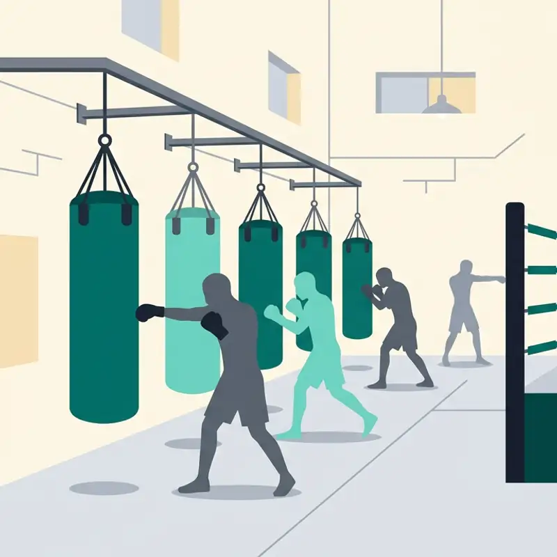 Illustration of a boxing gym with heavy bags and a ring