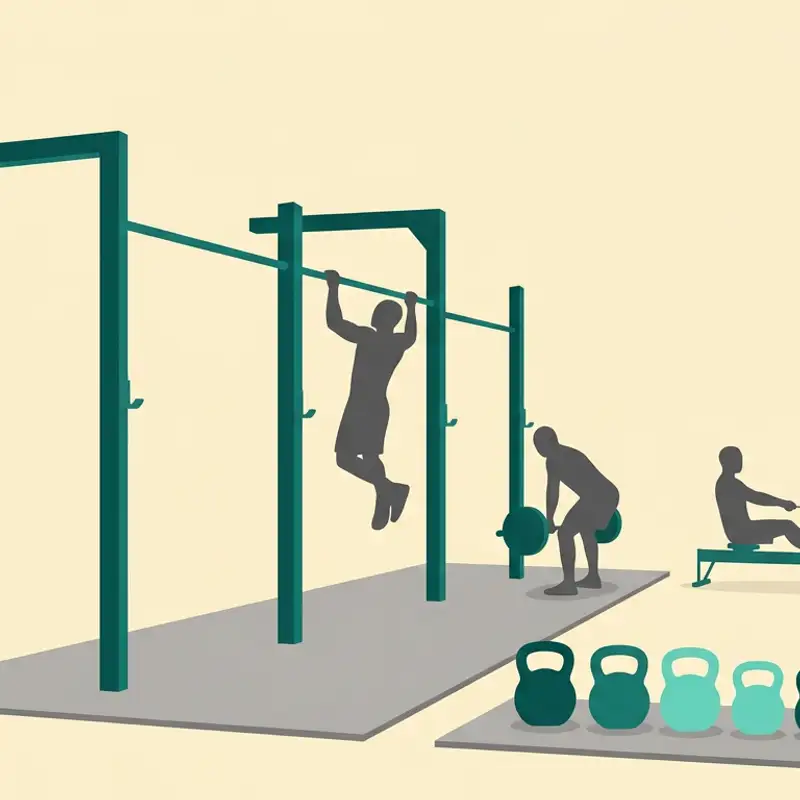 Illustration of a CrossFit box with a pull-up rig, rowers and kettlebells