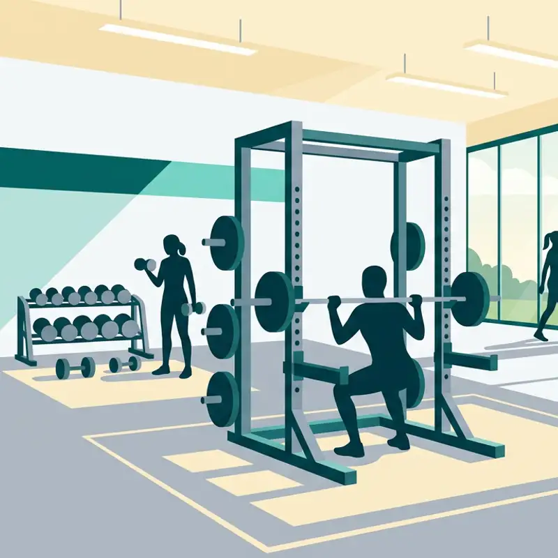 Illustration of a gym floor with a squat rack, dumbbells and treadmills