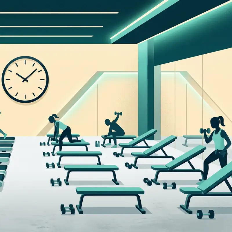 Illustration of a class studio with rows of treadmills and benches
