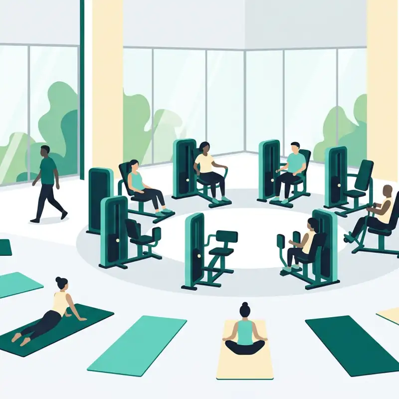 Illustration of a calm workout studio with machines in a circle